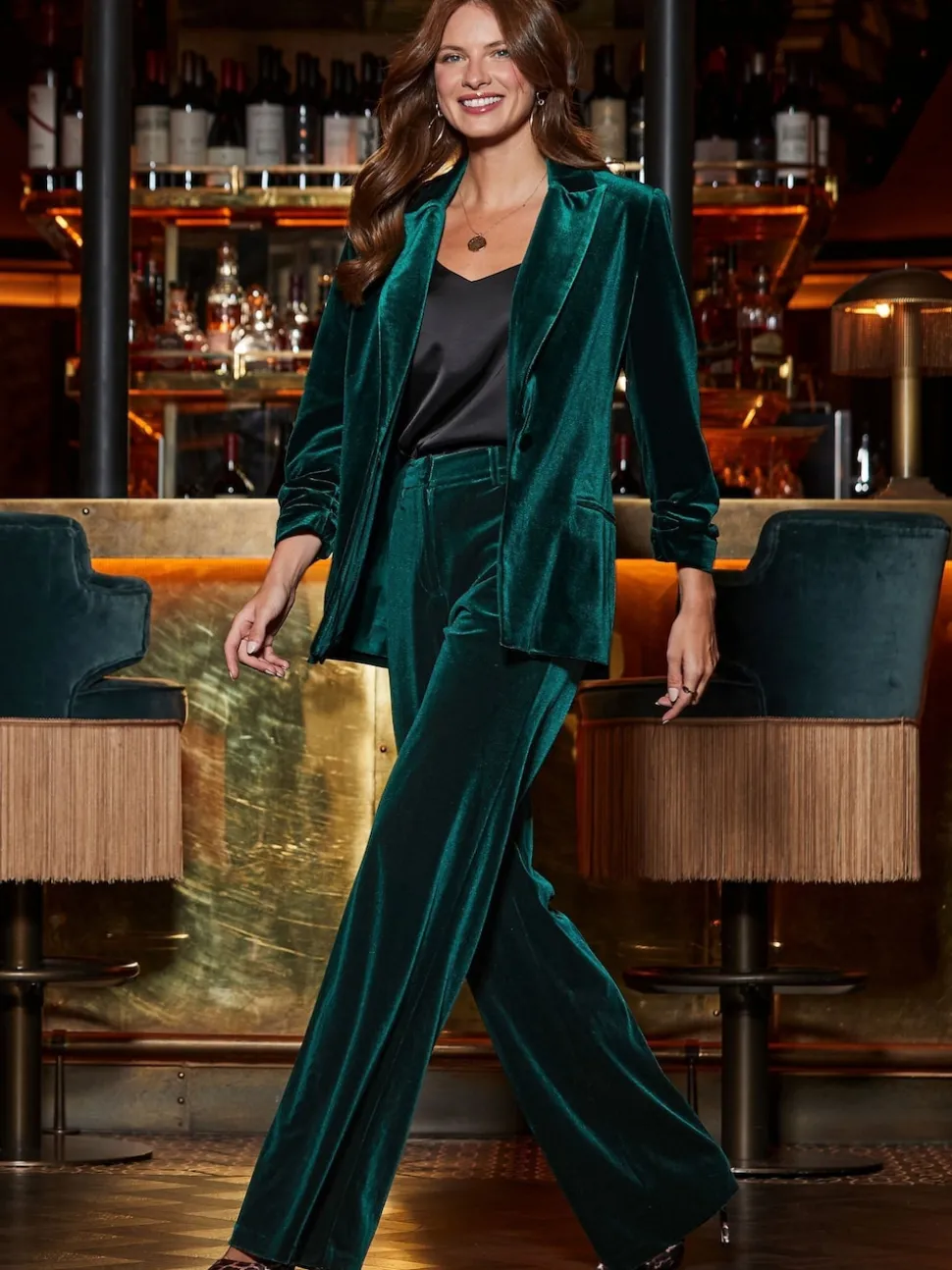 Sosandar Green Luxe Velvet Wide Leg Trousers