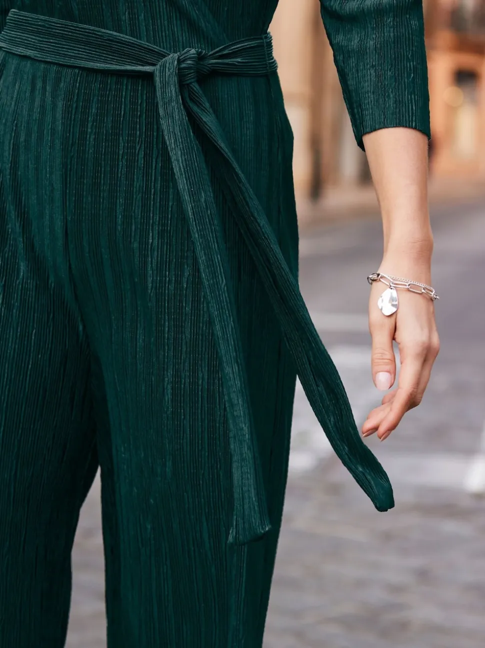 Sosandar Green Plisse Wrap Front Jumpsuit