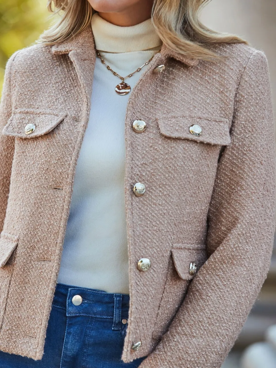 Sosandar Natural Boucle Jacket With Gold Buttons