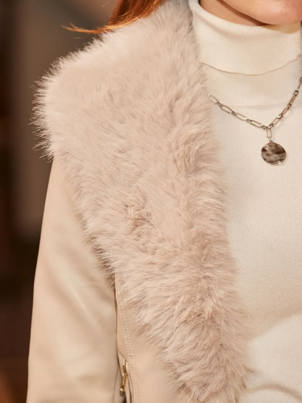 Sosandar Natural Faux Leather Biker Jacket With Faux Fur Trim