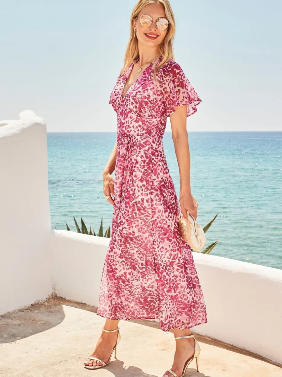 Sosandar Pink Animal Print Tie Waist Midi Dress