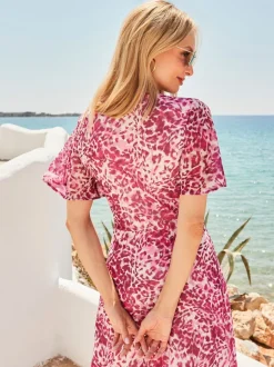 Sosandar Pink Animal Print Tie Waist Midi Dress