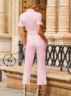 Sosandar Pink D Ring Belt Culotte Denim Jumpsuit