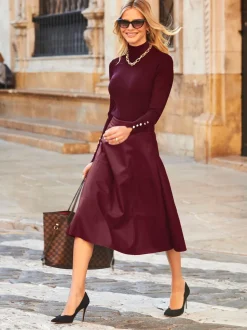 Sosandar Red Leather Look Panelled A-Line Midi Skirt