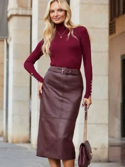 Sosandar Red Leather Panelled Pencil Midi Skirt
