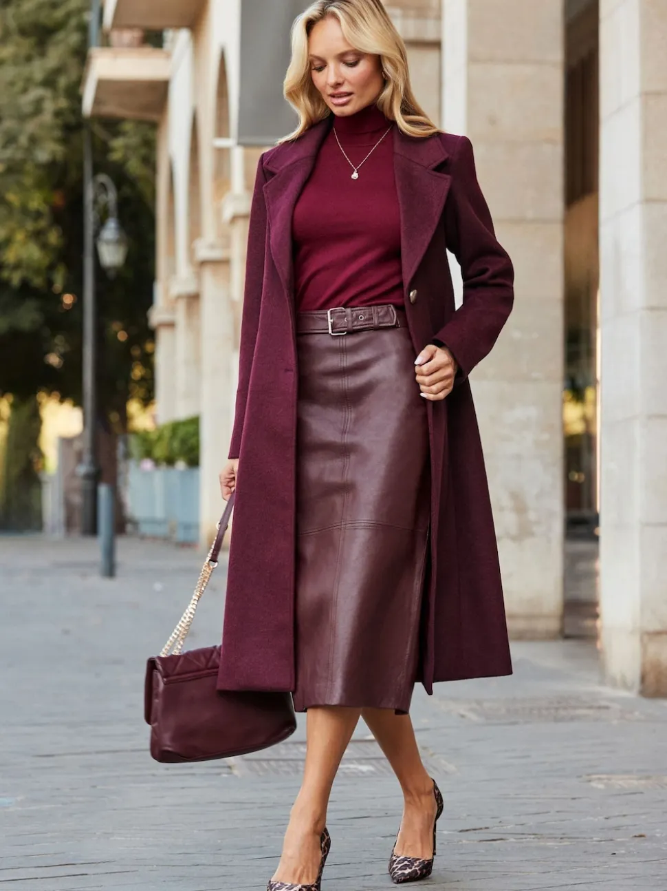 Sosandar Red Leather Panelled Pencil Midi Skirt