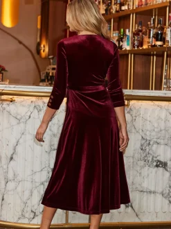 Sosandar Red Velvet Belted Fit & Flare Wrap Dress