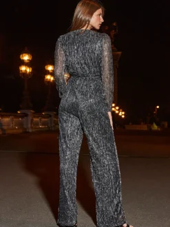 Sosandar Silver Sparkle Plisse Wrap Front Wide Leg Jumpsuit