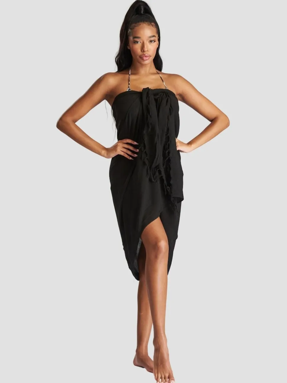 South Beach Black Crinkle Viscose Fringed Sarong Cover-Up