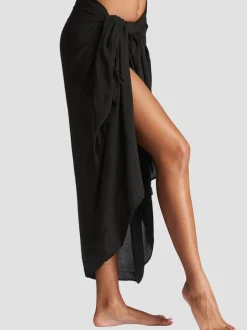 South Beach Black Crinkle Viscose Fringed Sarong Cover-Up