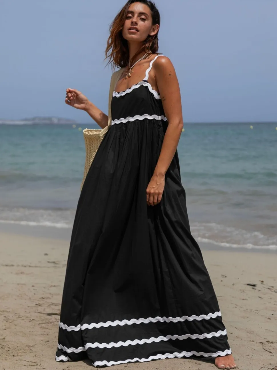 South Beach Black Monochrome Cotton Ric Rac Detail Maxi Dress