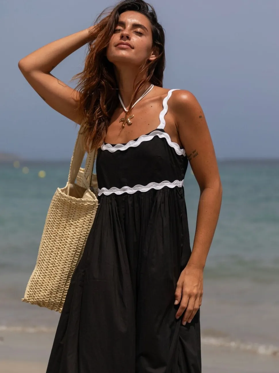 South Beach Black Monochrome Cotton Ric Rac Detail Maxi Dress