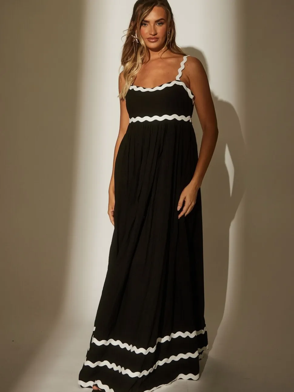 South Beach Black Monochrome Cotton Ric Rac Detail Maxi Dress