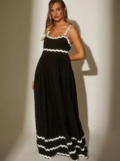 South Beach Black Monochrome Cotton Ric Rac Detail Maxi Dress