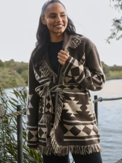 South Beach Brown Jacquard Wasit Tie Knitted Fringe Cardigan