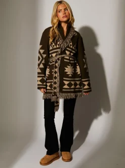 South Beach Brown Jacquard Wasit Tie Knitted Fringe Cardigan