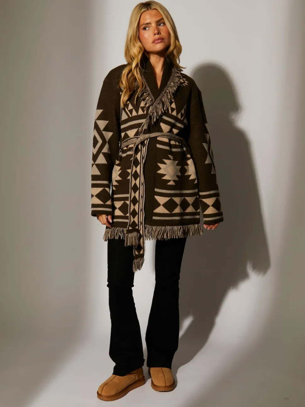South Beach Brown Jacquard Wasit Tie Knitted Fringe Cardigan