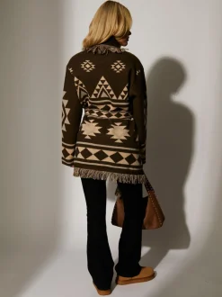 South Beach Brown Jacquard Wasit Tie Knitted Fringe Cardigan