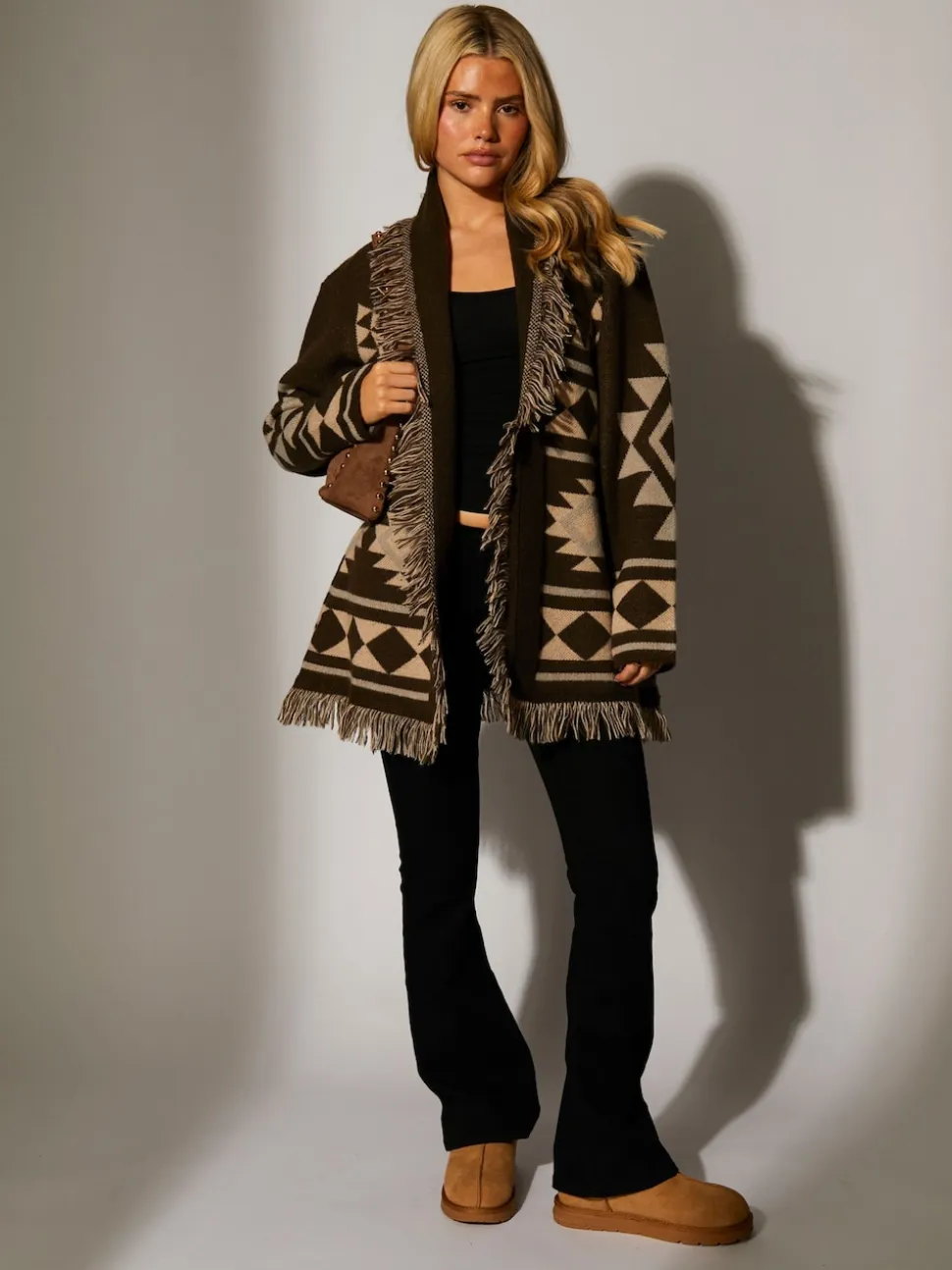 South Beach Brown Jacquard Wasit Tie Knitted Fringe Cardigan