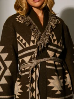 South Beach Brown Jacquard Wasit Tie Knitted Fringe Cardigan