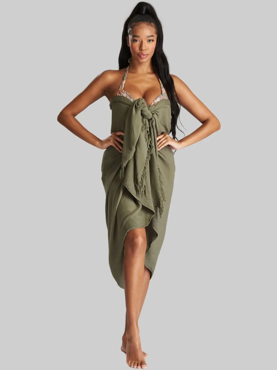 South Beach Khaki Crinkle Viscose Fringed Sarong Cover-Up