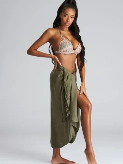 South Beach Khaki Crinkle Viscose Fringed Sarong Cover-Up