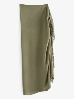 South Beach Khaki Crinkle Viscose Fringed Sarong Cover-Up