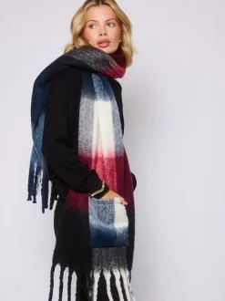 South Beach Red Fluffy Check Scarf with Pocket