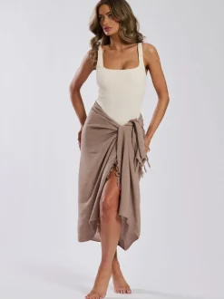 South Beach Taupe Crinkle Viscose Fringed Sarong Cover-Up