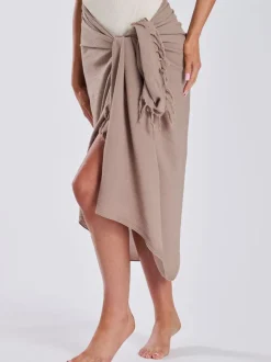 South Beach Taupe Crinkle Viscose Fringed Sarong Cover-Up