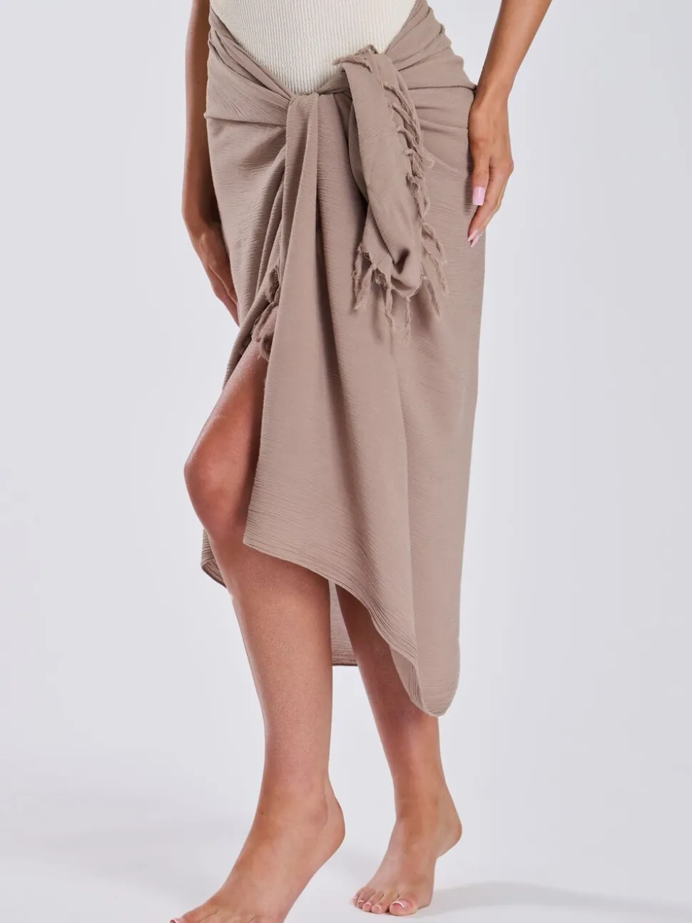 South Beach Taupe Crinkle Viscose Fringed Sarong Cover-Up