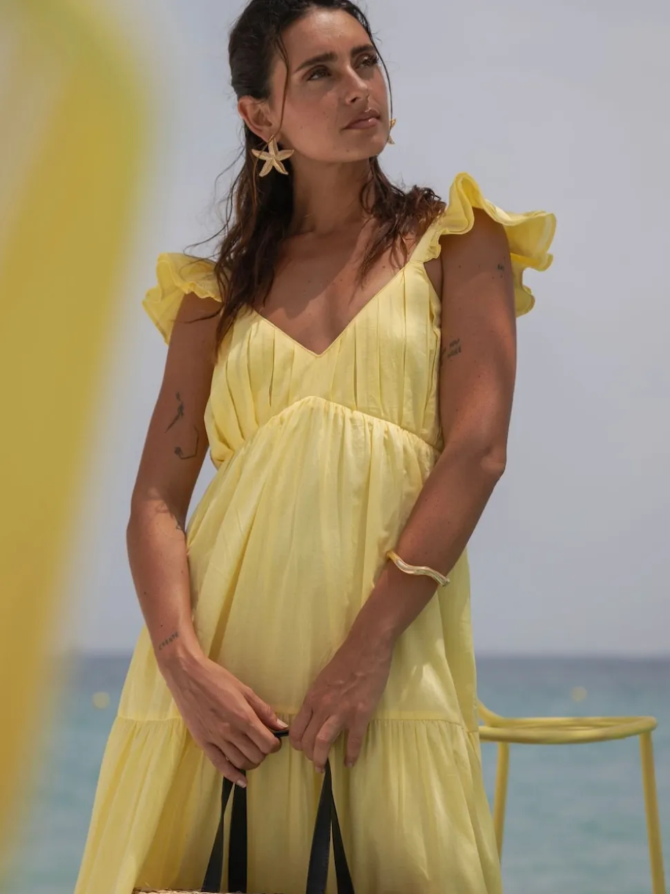 South Beach Yellow 100% Cotton Frill Sleeve Tiered Maxi Dress