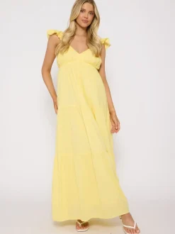 South Beach Yellow 100% Cotton Frill Sleeve Tiered Maxi Dress