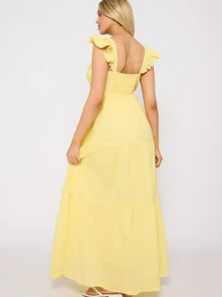 South Beach Yellow 100% Cotton Frill Sleeve Tiered Maxi Dress