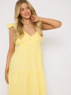 South Beach Yellow 100% Cotton Frill Sleeve Tiered Maxi Dress