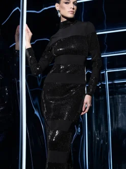 Star by Julien MacDonald Black Sequin Stripe Maxi Dress