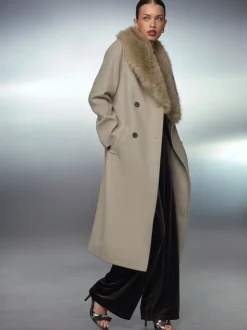 Stone Belted Coat with Faux Fur Detachable Collar