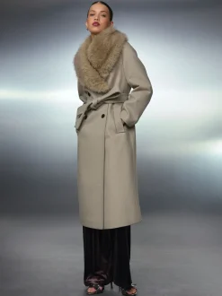 Stone Belted Coat with Faux Fur Detachable Collar