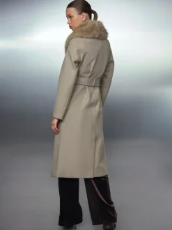 Stone Belted Coat with Faux Fur Detachable Collar