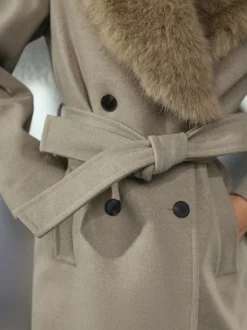 Stone Belted Coat with Faux Fur Detachable Collar
