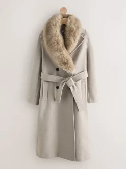 Stone Belted Coat with Faux Fur Detachable Collar