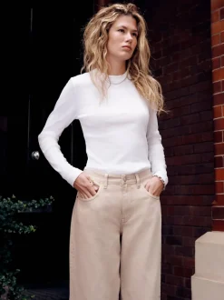 Stone Boyfriend Wide Leg Mid Rise Turn Up Jeans