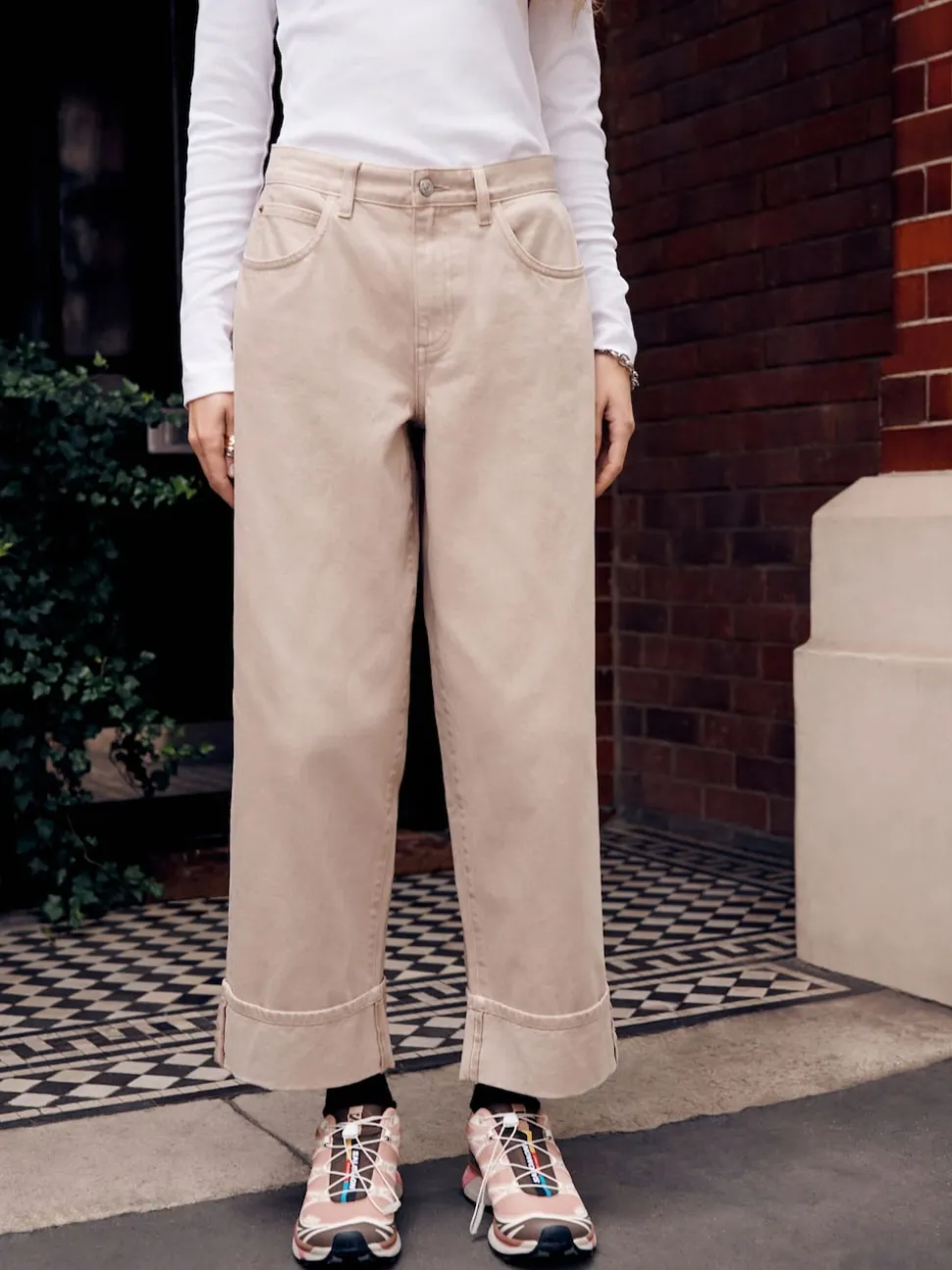 Stone Boyfriend Wide Leg Mid Rise Turn Up Jeans