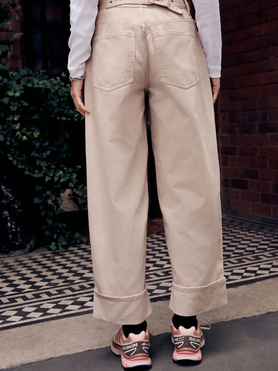 Stone Boyfriend Wide Leg Mid Rise Turn Up Jeans