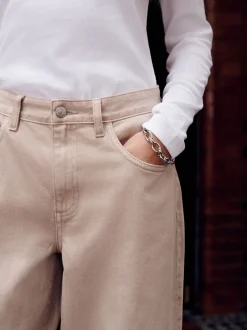 Stone Boyfriend Wide Leg Mid Rise Turn Up Jeans