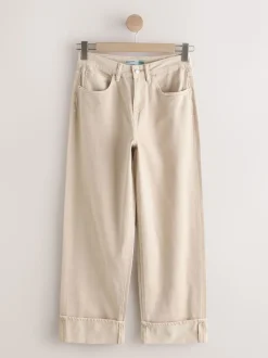 Stone Boyfriend Wide Leg Mid Rise Turn Up Jeans