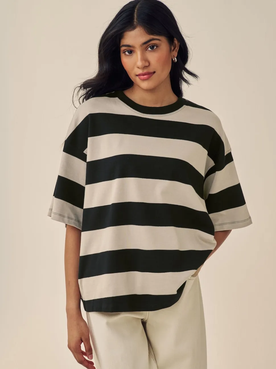 Stone Neutral Stripe Oversized Relaxed Fit Boxy Heavyweight Crew Neck T-Shirt