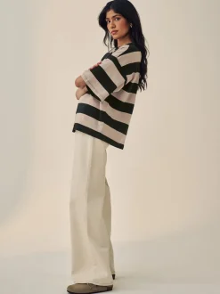 Stone Neutral Stripe Oversized Relaxed Fit Boxy Heavyweight Crew Neck T-Shirt