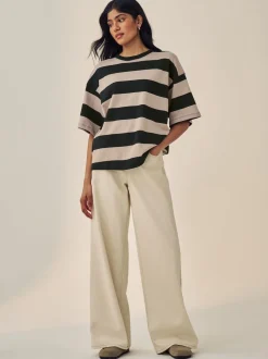 Stone Neutral Stripe Oversized Relaxed Fit Boxy Heavyweight Crew Neck T-Shirt