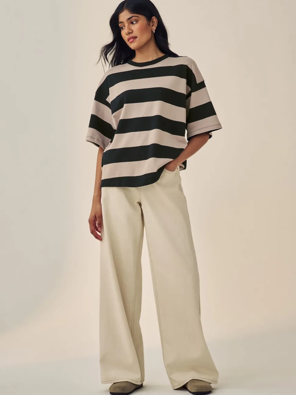 Stone Neutral Stripe Oversized Relaxed Fit Boxy Heavyweight Crew Neck T-Shirt